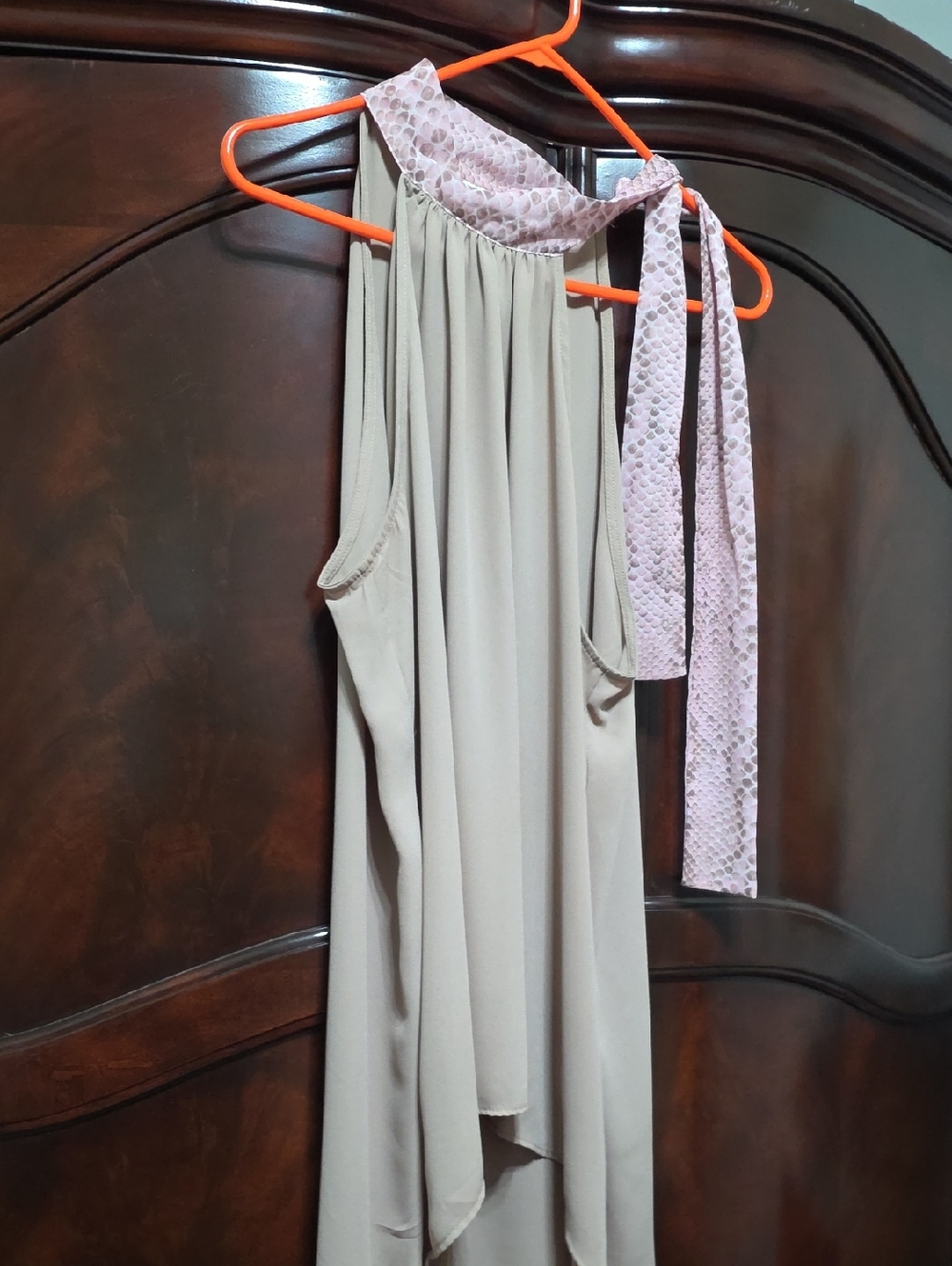 Sleeveless Halter Neck Flowing Taupe Top with Pink Tie